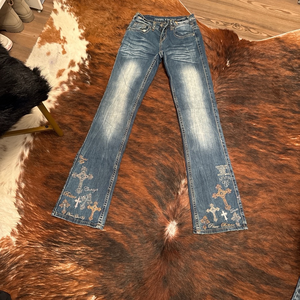 Cowgirl Tuff Blue Flare Jeans with Cross Embroidery W24 L35